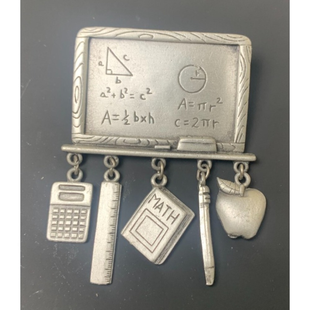 Vintage JJ Signed Silver Chalkboard Brooch Pin School Math Teacher Charms Pewter